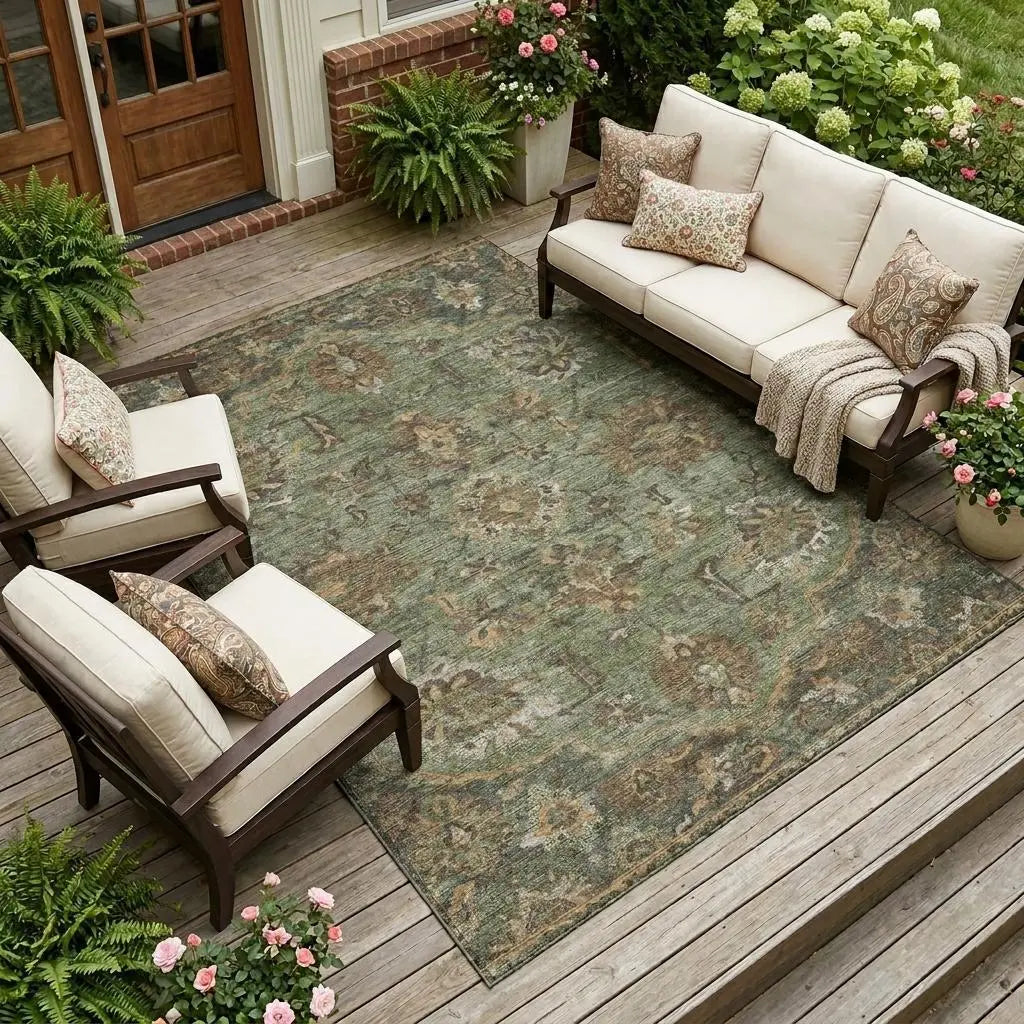 9' X 12' Olive Green And Green Floral Medallion Washable Indoor Outdoor Area Rug Homeroots Outdoor