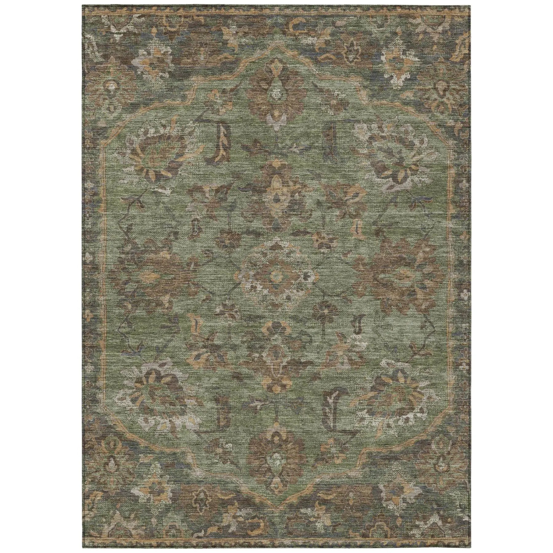 9' X 12' Olive Green And Green Floral Medallion Washable Indoor Outdoor Area Rug Homeroots Outdoor