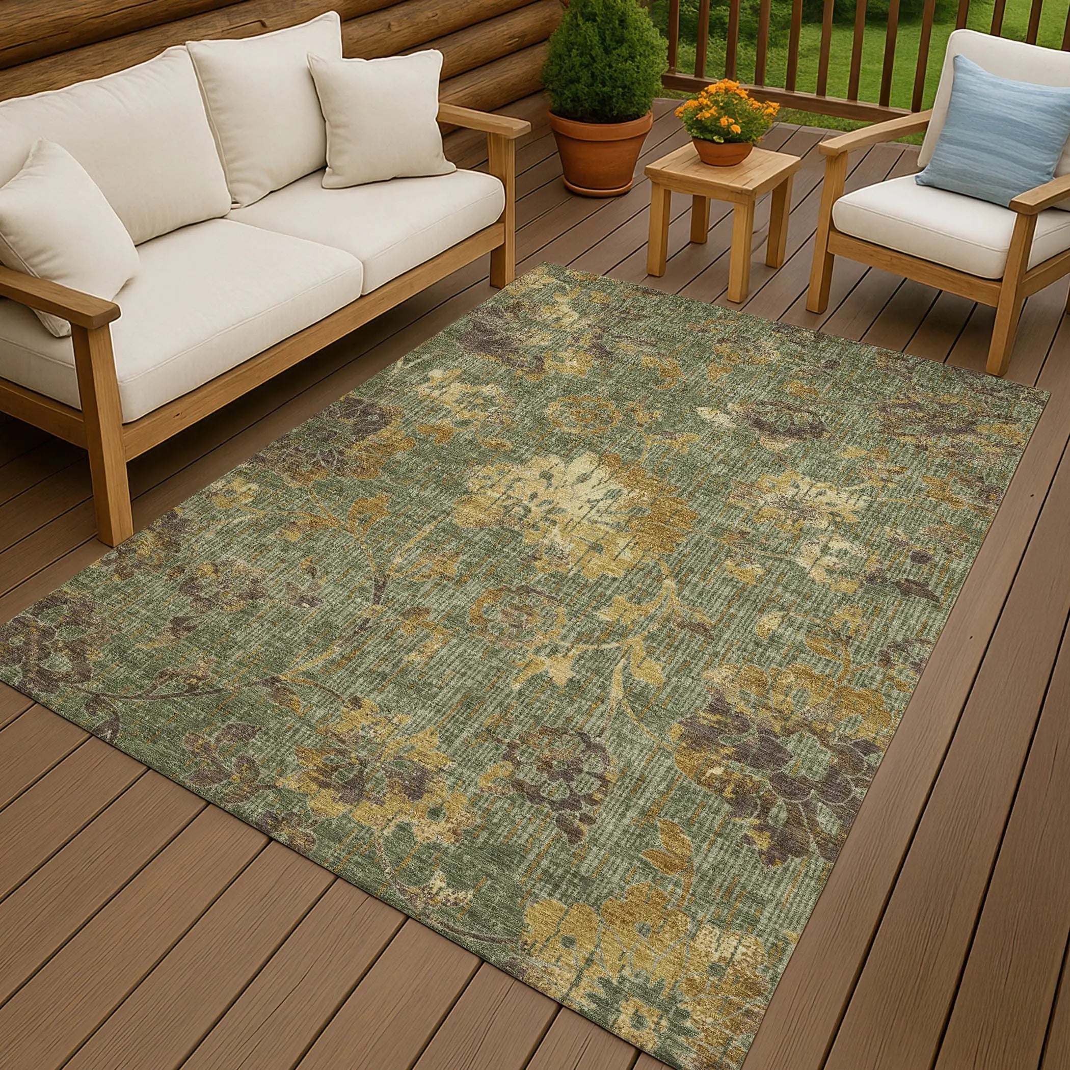 9' X 12' Olive Green And Green Floral Washable Indoor Outdoor Area Rug Homeroots Outdoor