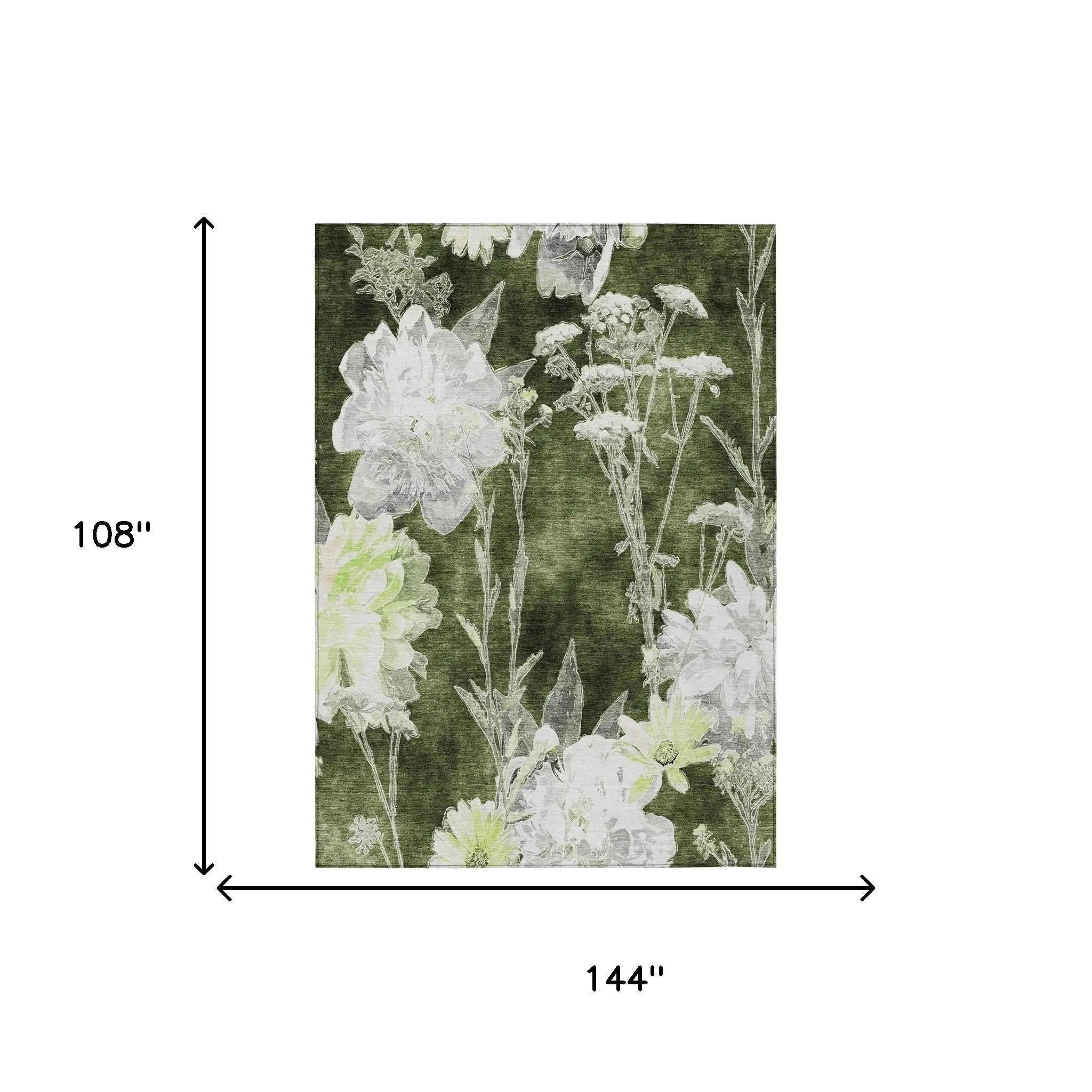 9' X 12' Olive Green And Green Floral Washable Indoor Outdoor Area Rug Homeroots Outdoor