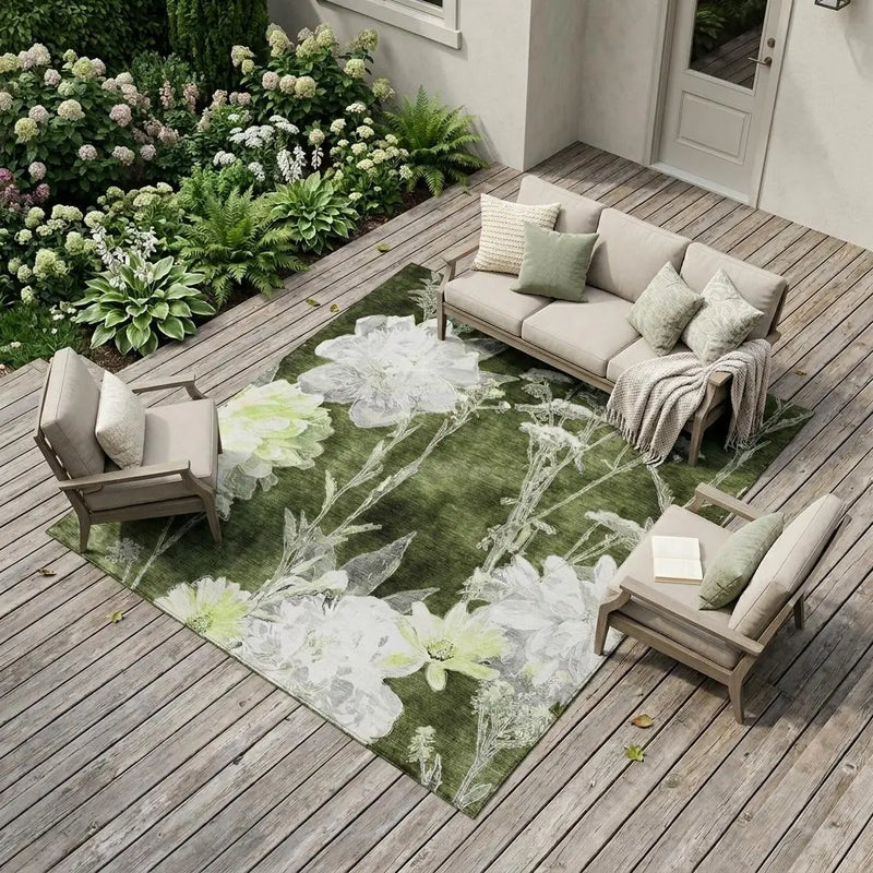 9' X 12' Olive Green And Green Floral Washable Indoor Outdoor Area Rug Homeroots Outdoor