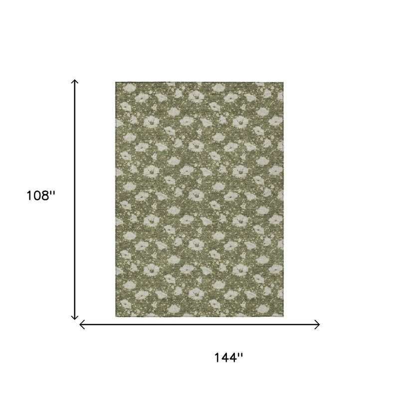 9' X 12' Olive Green And Green Floral Washable Indoor Outdoor Area Rug Homeroots Outdoor