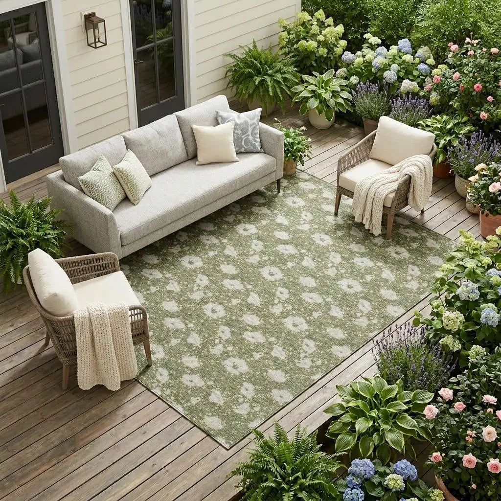 9' X 12' Olive Green And Green Floral Washable Indoor Outdoor Area Rug Homeroots Outdoor