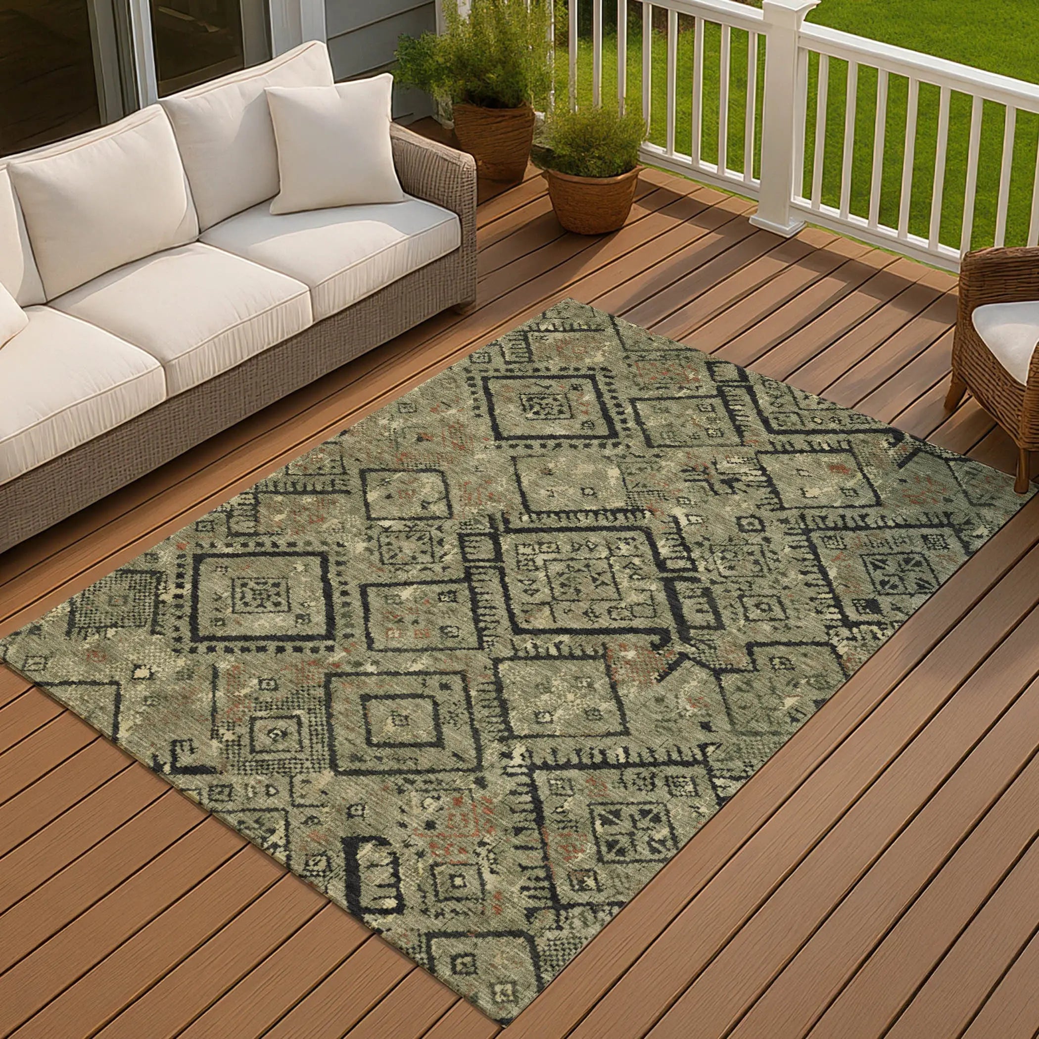 9' X 12' Olive Green And Green Geometric Washable Indoor Outdoor Area Rug Homeroots Outdoor