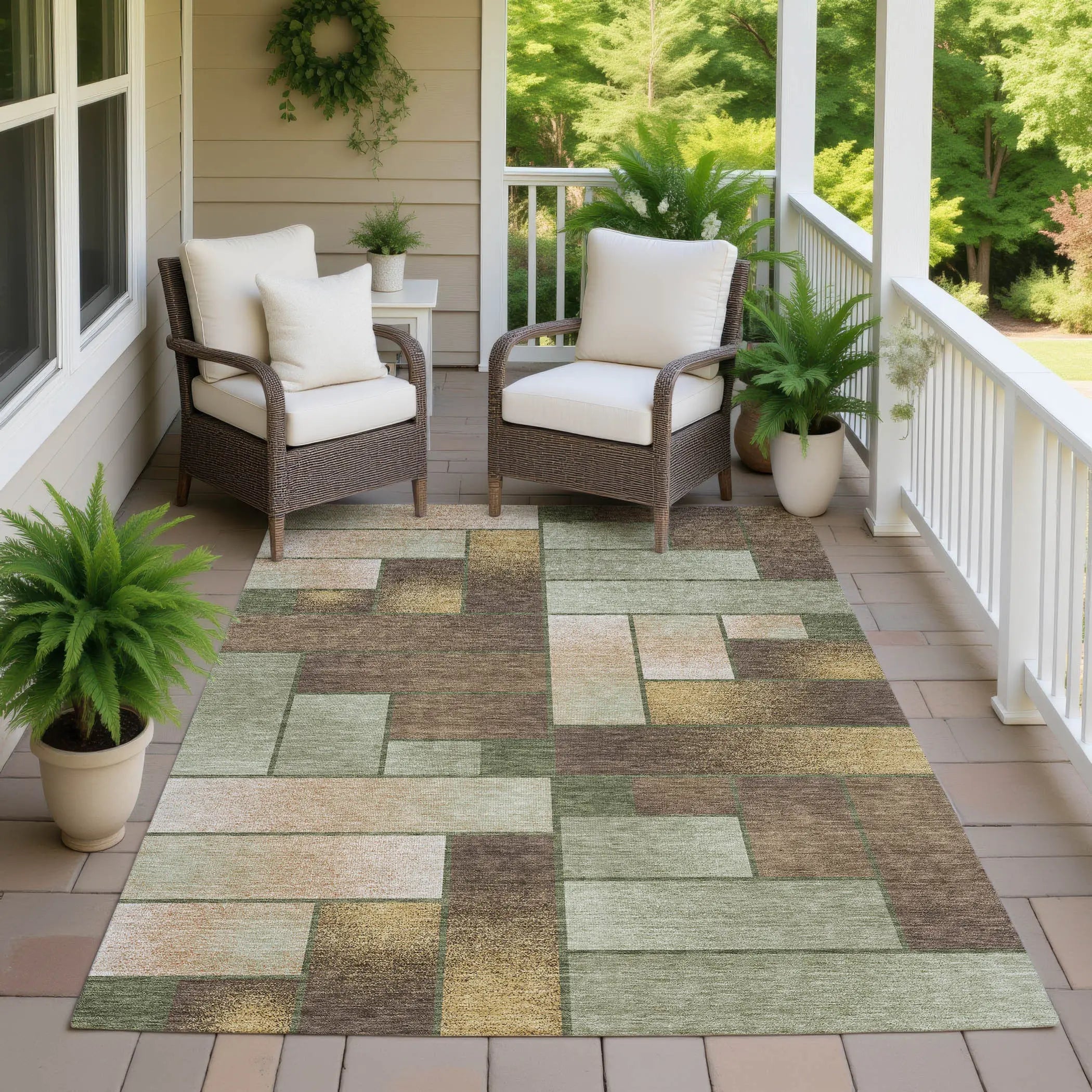 9' X 12' Olive Green And Green Geometric Washable Indoor Outdoor Area Rug Homeroots Outdoor