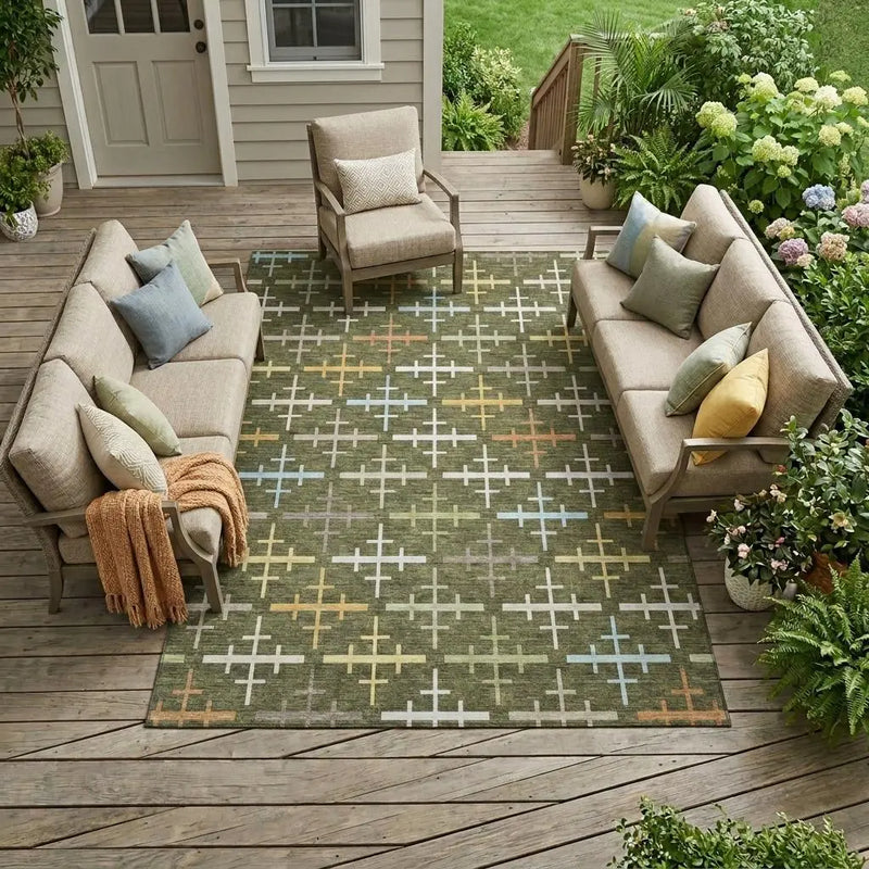 9' X 12' Olive Green And Green Geometric Washable Indoor Outdoor Area Rug Homeroots Outdoor