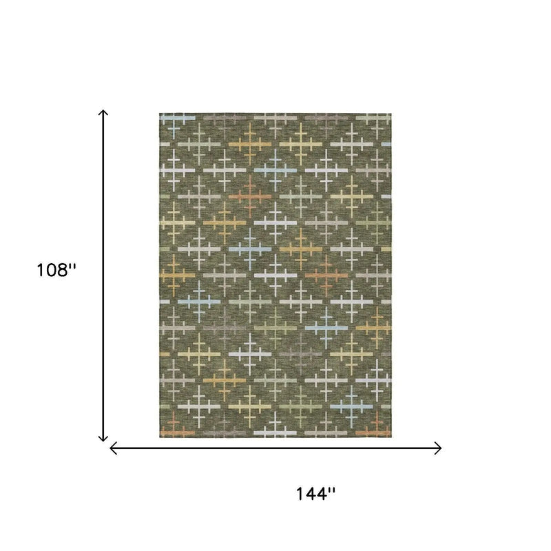 9' X 12' Olive Green And Green Geometric Washable Indoor Outdoor Area Rug Homeroots Outdoor