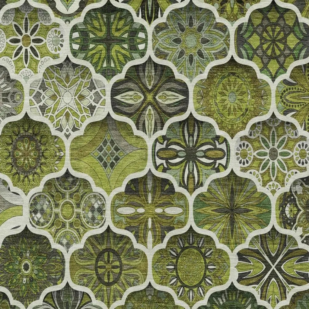 9' X 12' Olive Green And Green Ogee Washable Indoor Outdoor Area Rug Homeroots Outdoor