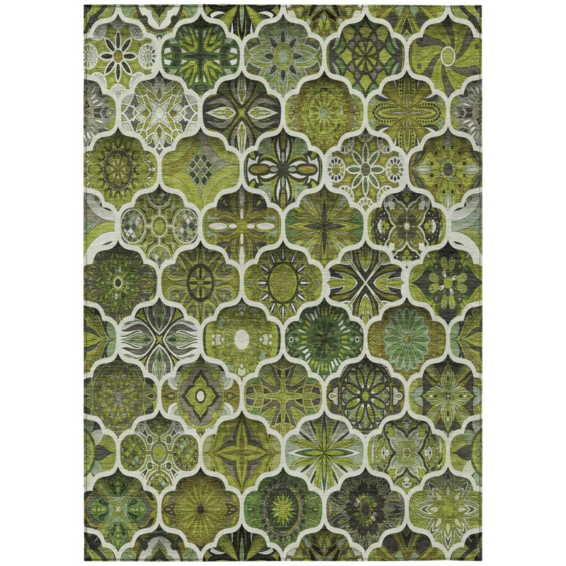 9' X 12' Olive Green And Green Ogee Washable Indoor Outdoor Area Rug Homeroots Outdoor