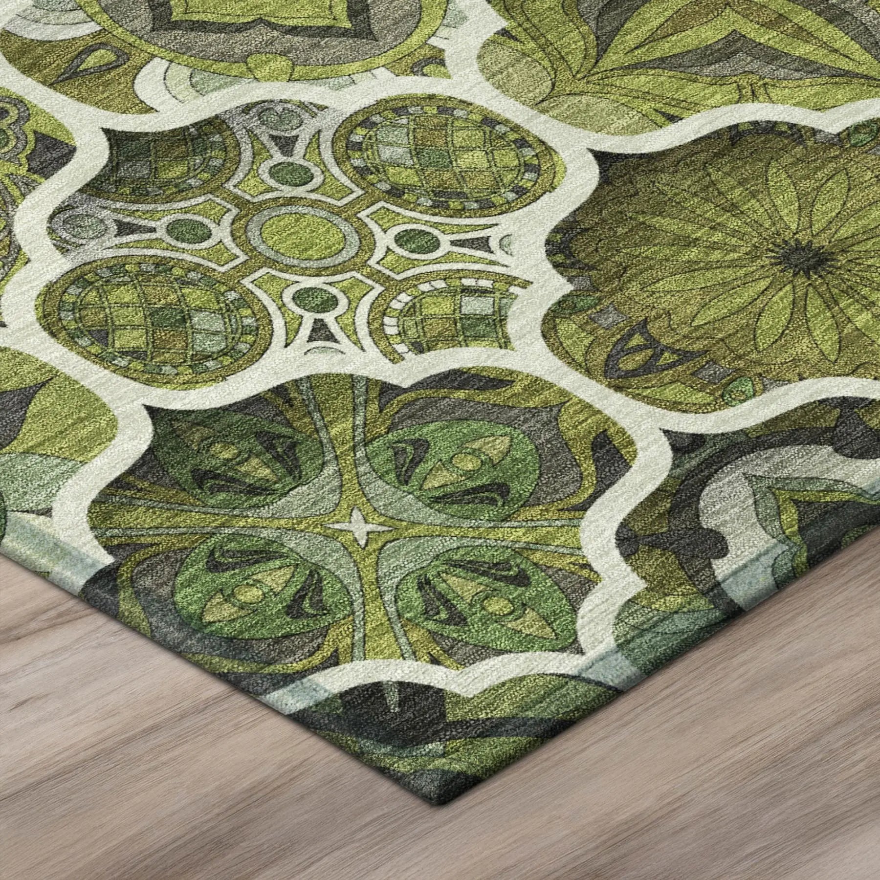 9' X 12' Olive Green And Green Ogee Washable Indoor Outdoor Area Rug Homeroots Outdoor
