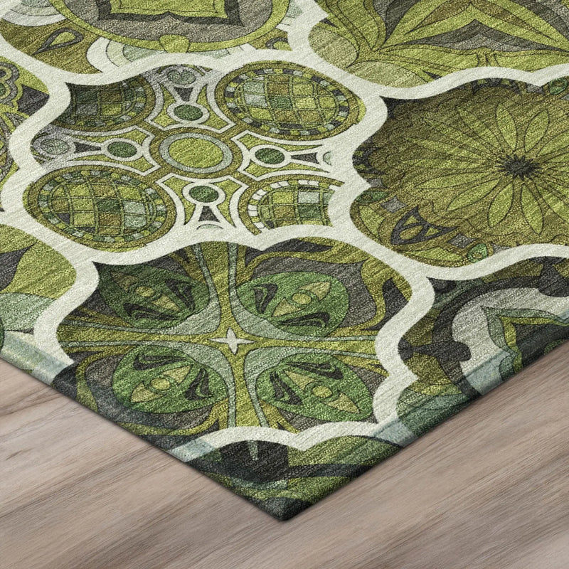 9' X 12' Olive Green And Green Ogee Washable Indoor Outdoor Area Rug Homeroots Outdoor