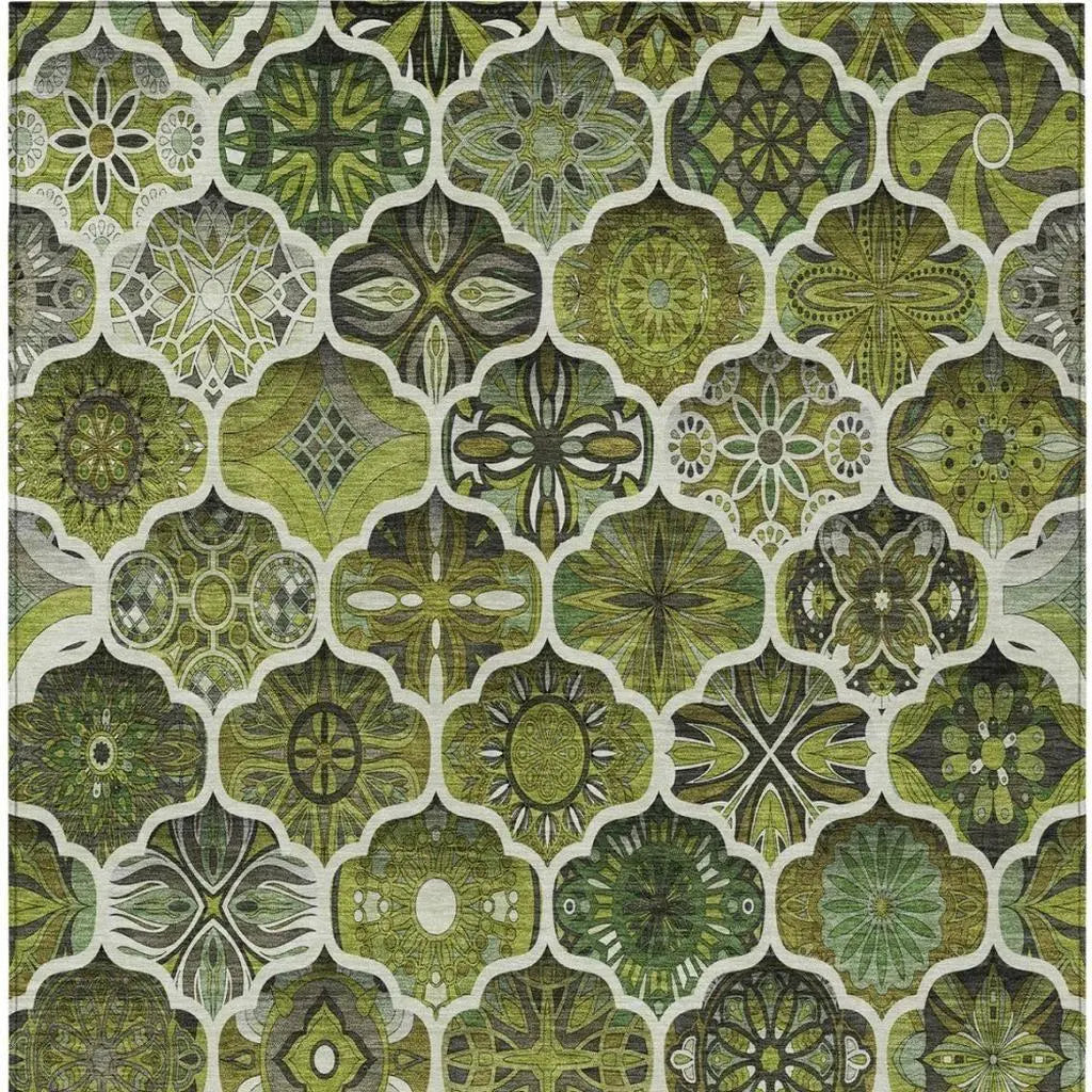 9' X 12' Olive Green And Green Ogee Washable Indoor Outdoor Area Rug Homeroots Outdoor