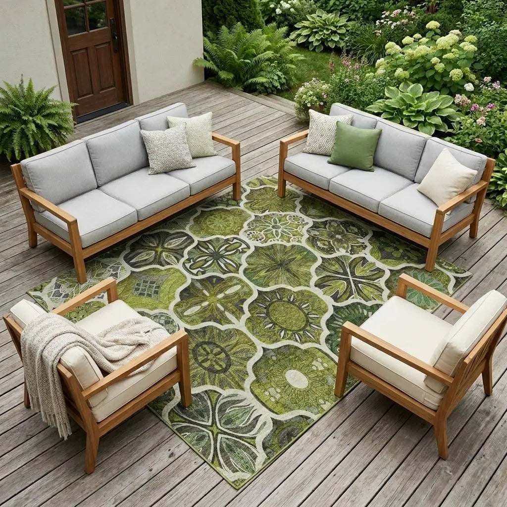 9' X 12' Olive Green And Green Ogee Washable Indoor Outdoor Area Rug Homeroots Outdoor