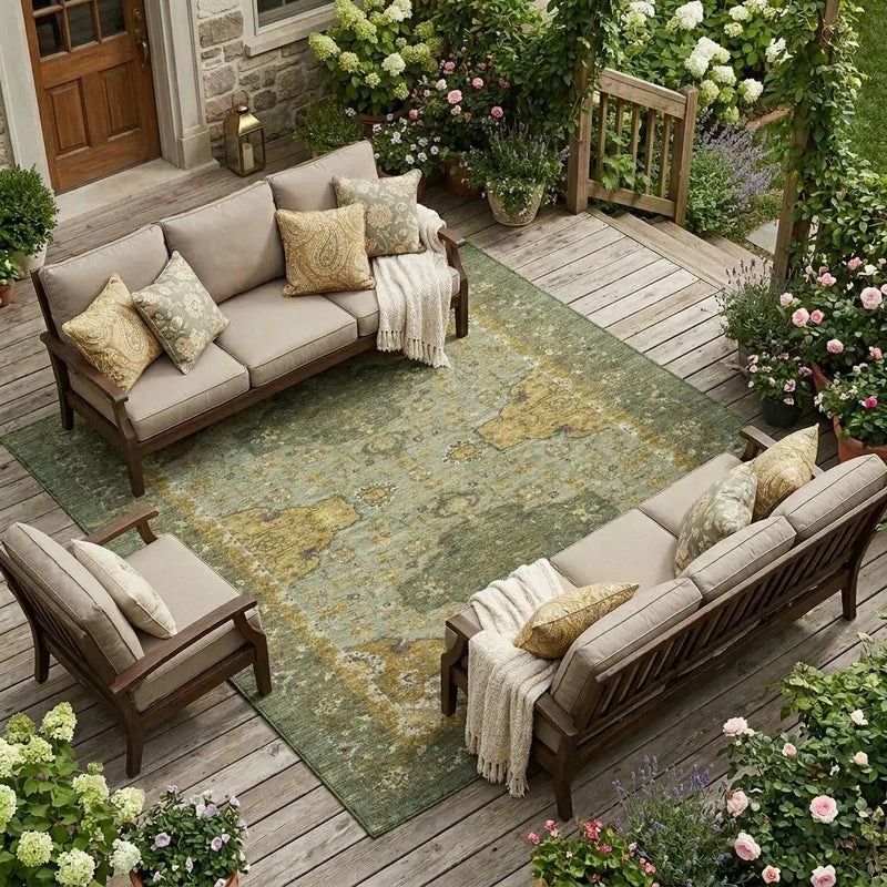 9' X 12' Olive Green And Green Oriental Washable Indoor Outdoor Area Rug Homeroots Outdoor