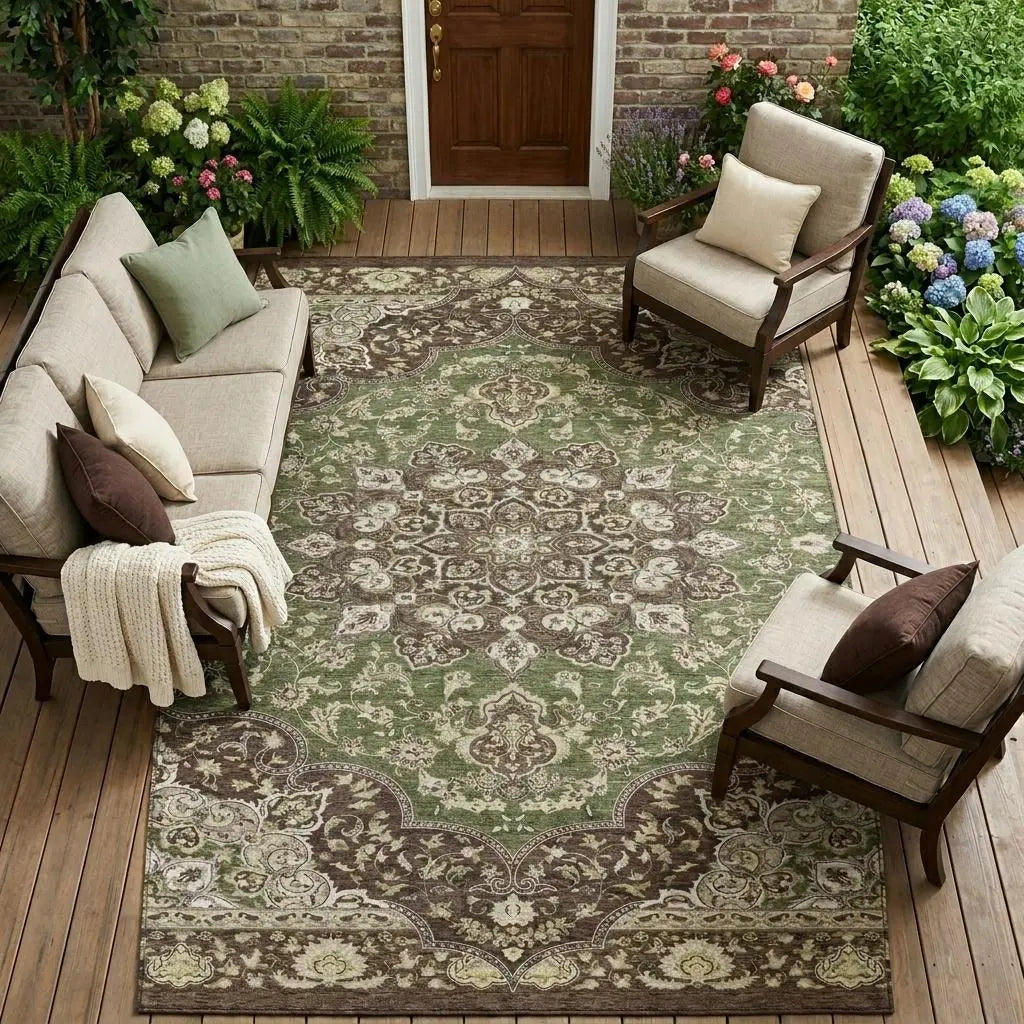 9' X 12' Olive Green And Green Oriental Washable Indoor Outdoor Area Rug Homeroots Outdoor