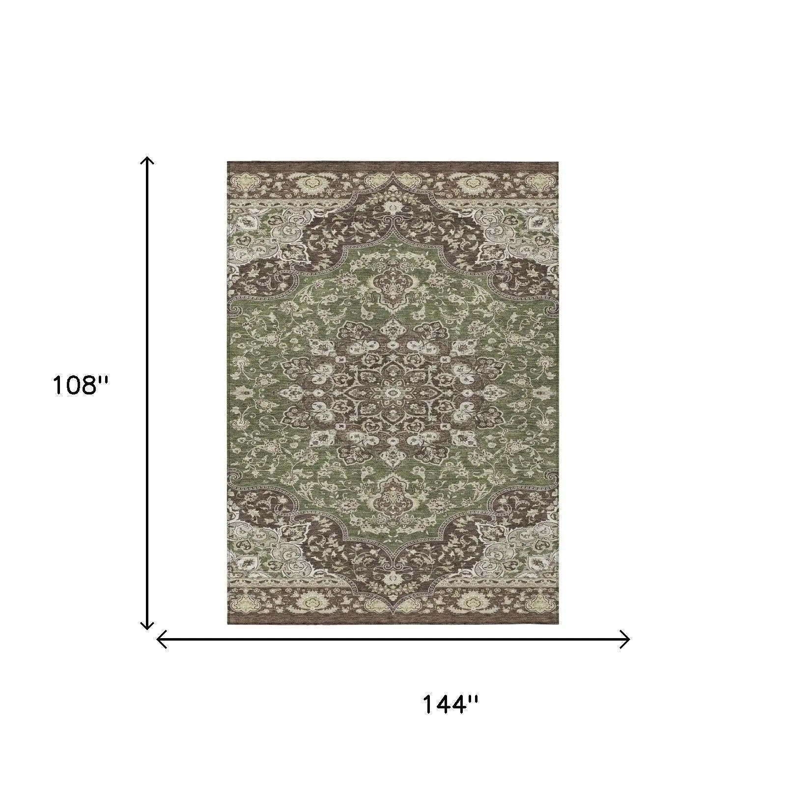 9' X 12' Olive Green And Green Oriental Washable Indoor Outdoor Area Rug Homeroots Outdoor