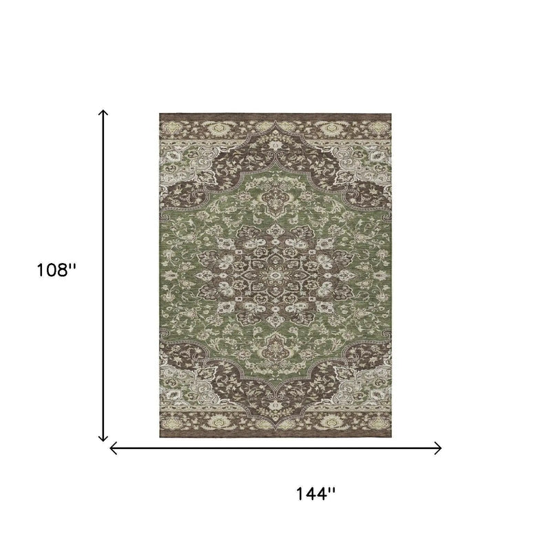 9' X 12' Olive Green And Green Oriental Washable Indoor Outdoor Area Rug Homeroots Outdoor