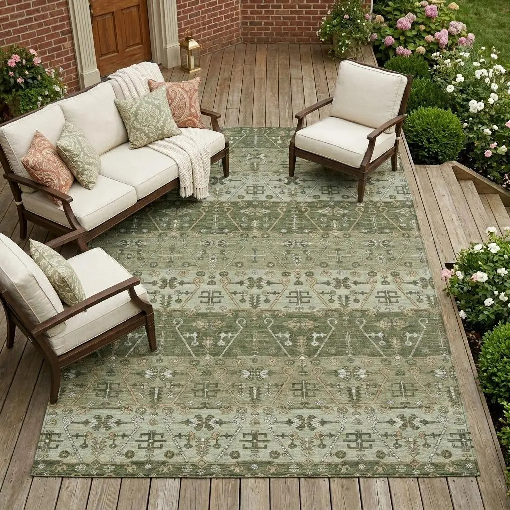 9' X 12' Olive Green And Green Oriental Washable Indoor Outdoor Area Rug Homeroots Outdoor