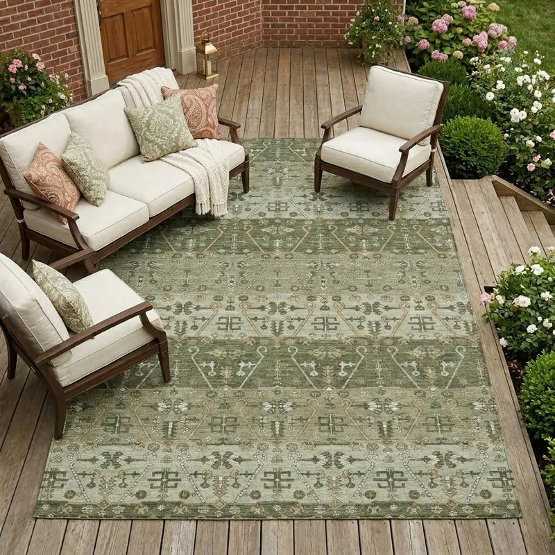 9' X 12' Olive Green And Green Oriental Washable Indoor Outdoor Area Rug Homeroots Outdoor