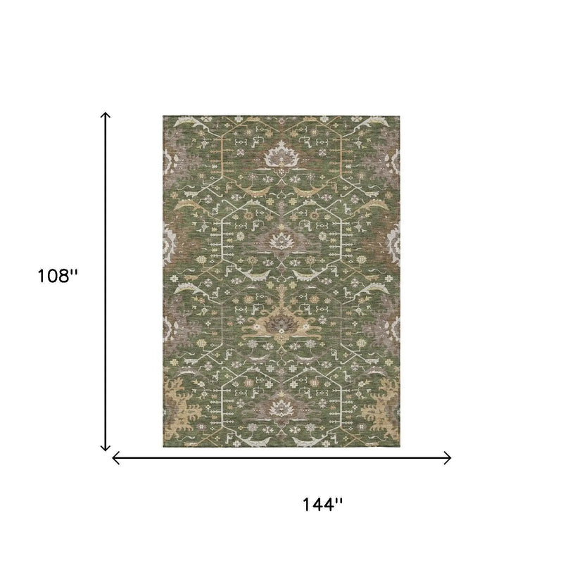 9' X 12' Olive Green And Green Oriental Washable Indoor Outdoor Area Rug Homeroots Outdoor