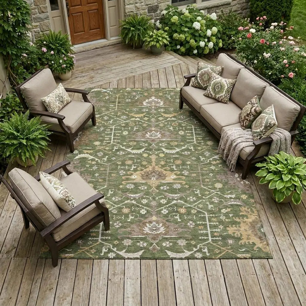 9' X 12' Olive Green And Green Oriental Washable Indoor Outdoor Area Rug Homeroots Outdoor