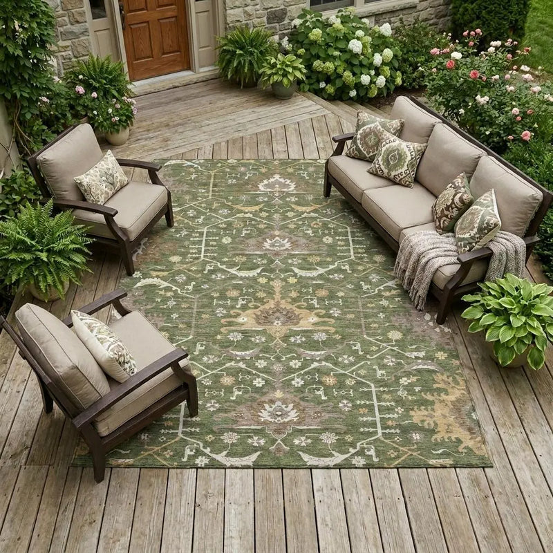9' X 12' Olive Green And Green Oriental Washable Indoor Outdoor Area Rug Homeroots Outdoor