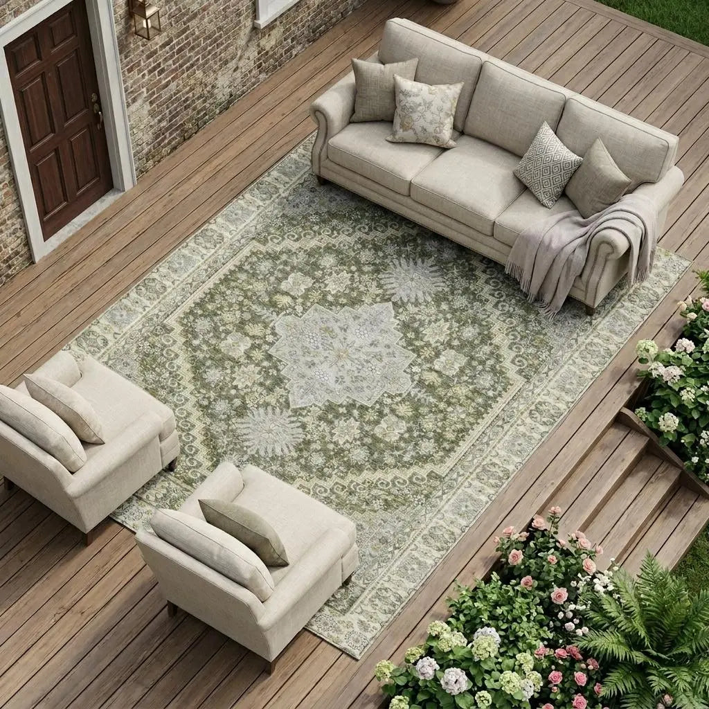 9' X 12' Olive Green And Green Oriental Washable Indoor Outdoor Area Rug Homeroots Outdoor