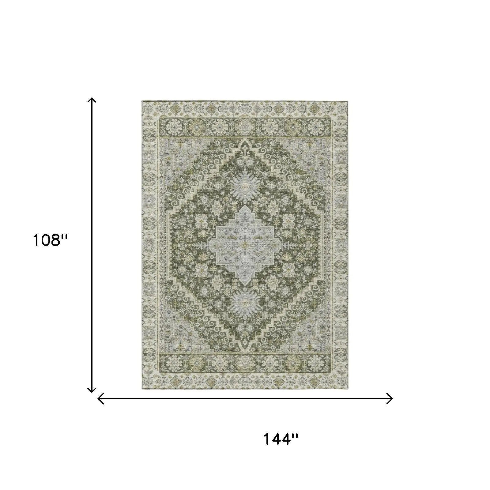 9' X 12' Olive Green And Green Oriental Washable Indoor Outdoor Area Rug Homeroots Outdoor