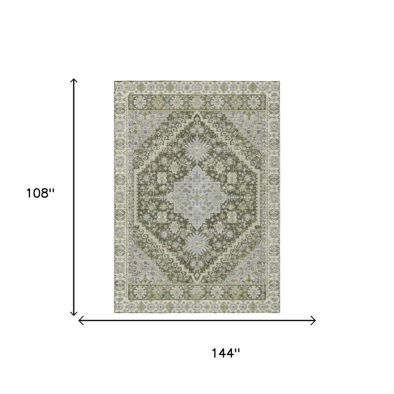 9' X 12' Olive Green And Green Oriental Washable Indoor Outdoor Area Rug Homeroots Outdoor