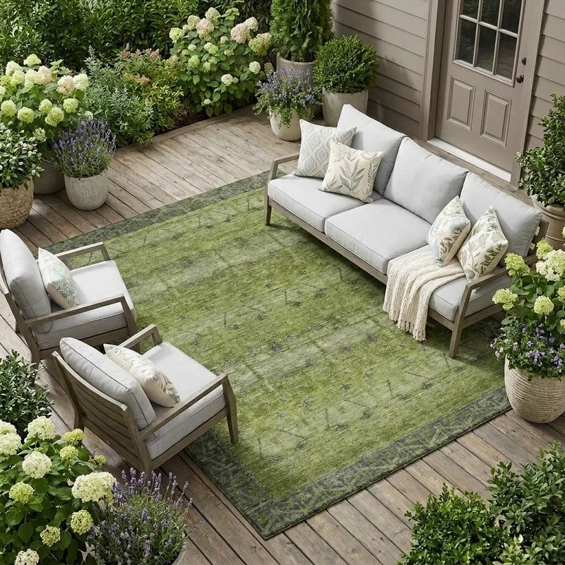 9' X 12' Olive Green And Green Tribal Washable Indoor Outdoor Area Rug Homeroots Outdoor