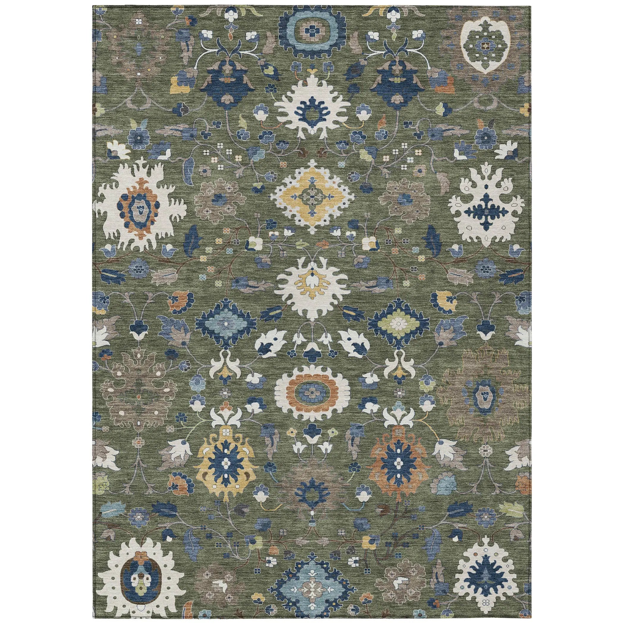 9' X 12' Olive Green And Ivory Floral Medallion Washable Indoor Outdoor Area Rug Homeroots Outdoor