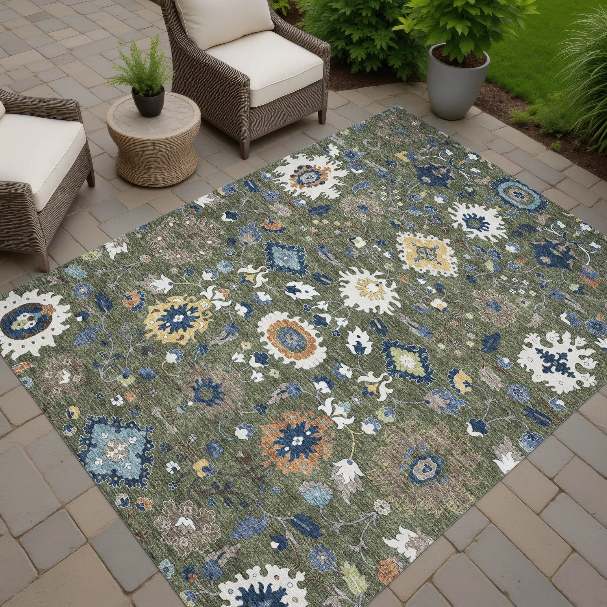 9' X 12' Olive Green And Ivory Floral Medallion Washable Indoor Outdoor Area Rug Homeroots Outdoor