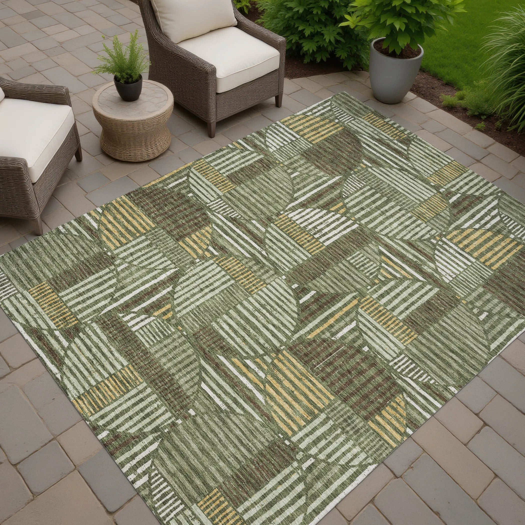 9' X 12' Olive Green And Khaki Geometric Washable Indoor Outdoor Area Rug Homeroots Outdoor