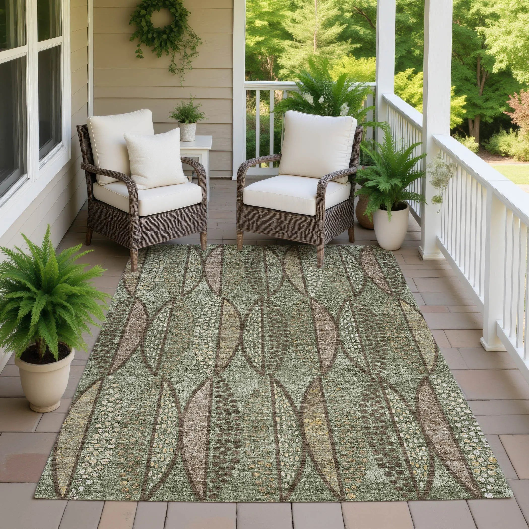 9' X 12' Olive Green And Linen Geometric Washable Indoor Outdoor Area Rug Homeroots Outdoor