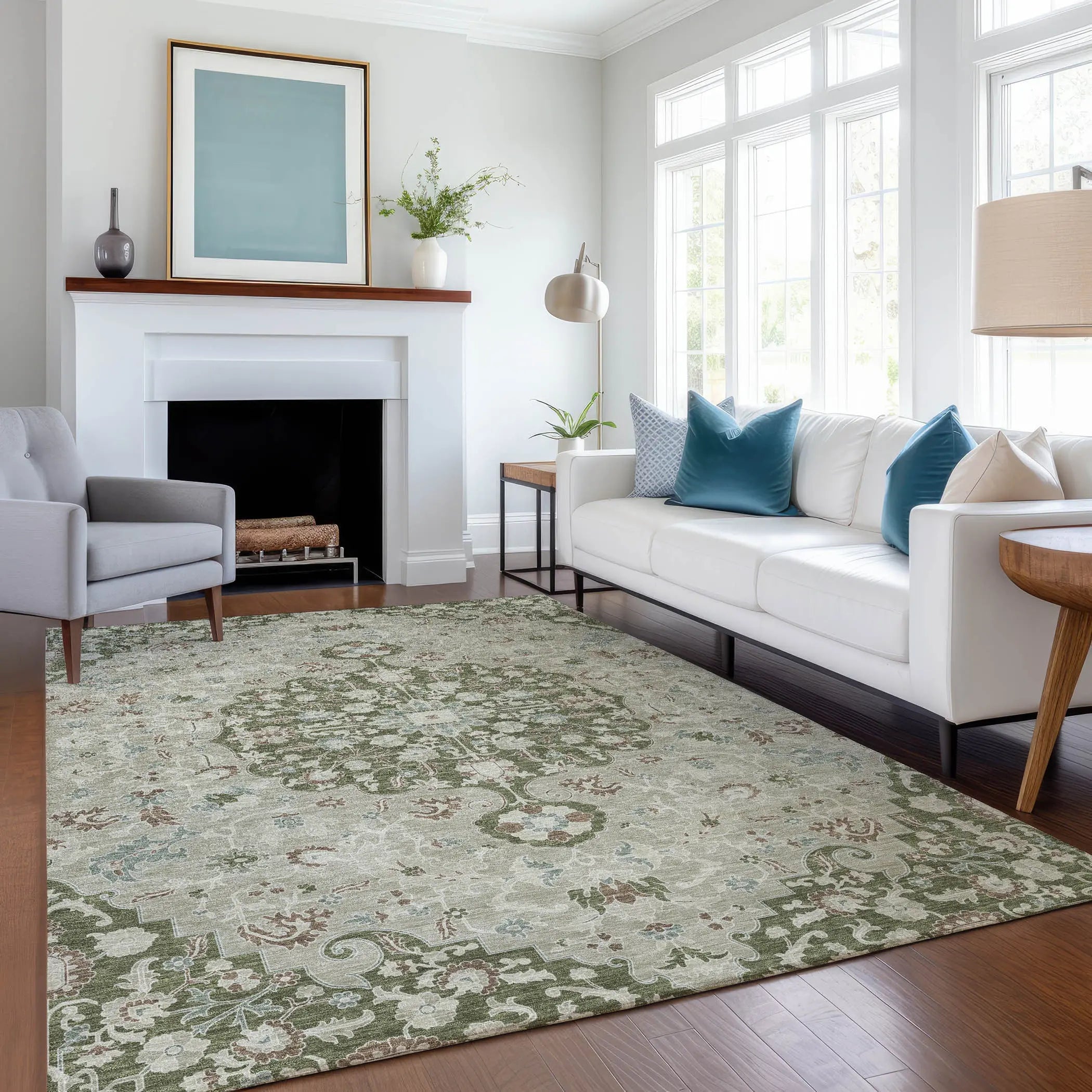 9' X 12' Olive Green And Sage Floral Medallion Washable Indoor Outdoor Area Rug Homeroots Outdoor