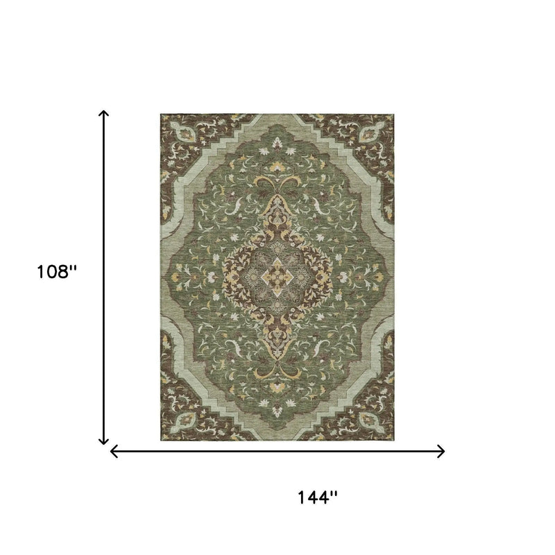 9' X 12' Olive Green And Taupe Medallion Washable Indoor Outdoor Area Rug Homeroots Outdoor