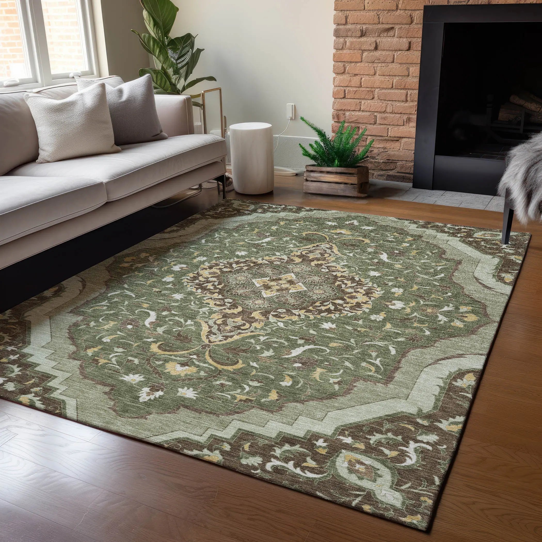 9' X 12' Olive Green And Taupe Medallion Washable Indoor Outdoor Area Rug Homeroots Outdoor