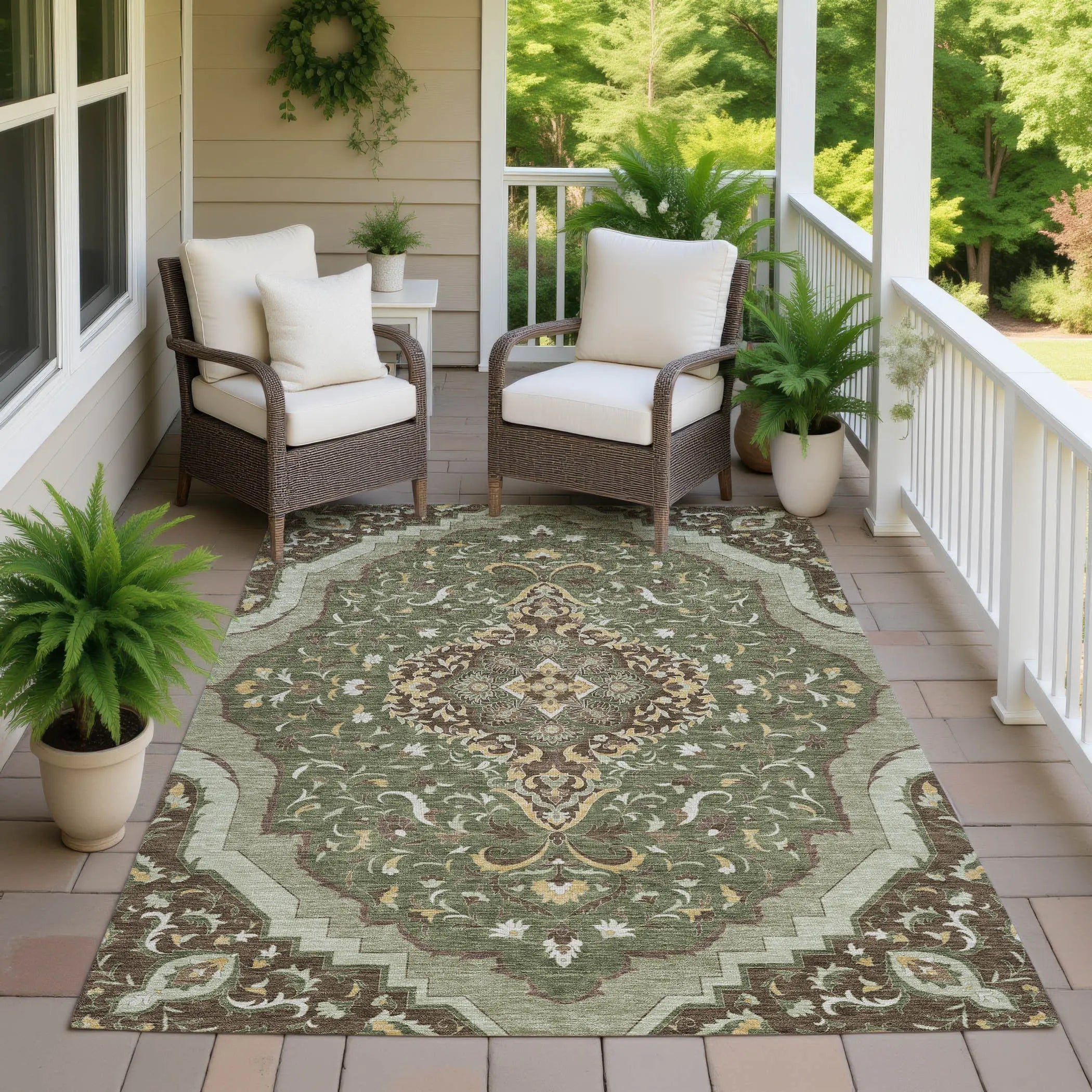 9' X 12' Olive Green And Taupe Medallion Washable Indoor Outdoor Area Rug Homeroots Outdoor