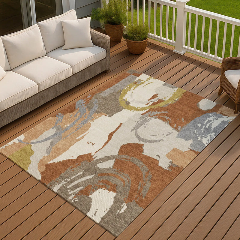 9' X 12' Orange And Beige Abstract Washable Indoor Outdoor Area Rug Homeroots Outdoor