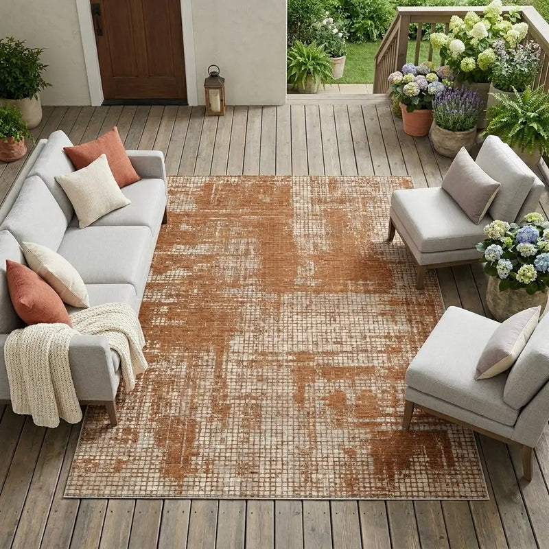 9' X 12' Orange And Beige Abstract Washable Indoor Outdoor Area Rug Homeroots Outdoor