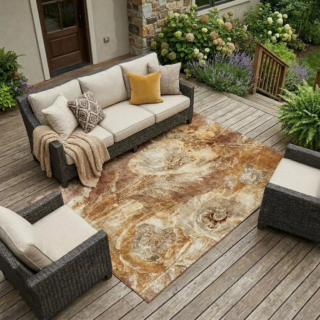 9' X 12' Orange And Beige Floral Washable Indoor Outdoor Area Rug Homeroots Outdoor