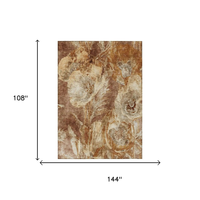 9' X 12' Orange And Beige Floral Washable Indoor Outdoor Area Rug Homeroots Outdoor