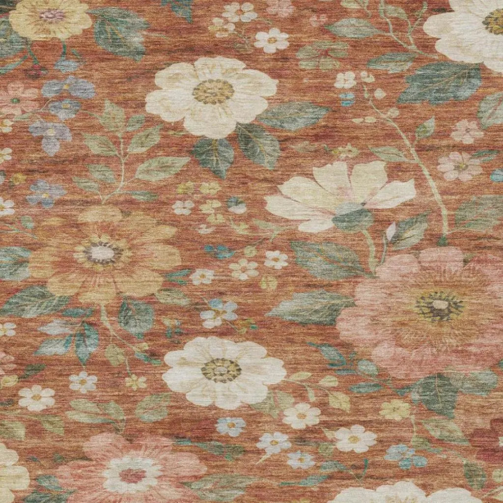 9' X 12' Orange And Beige Floral Washable Indoor Outdoor Area Rug Homeroots Outdoor