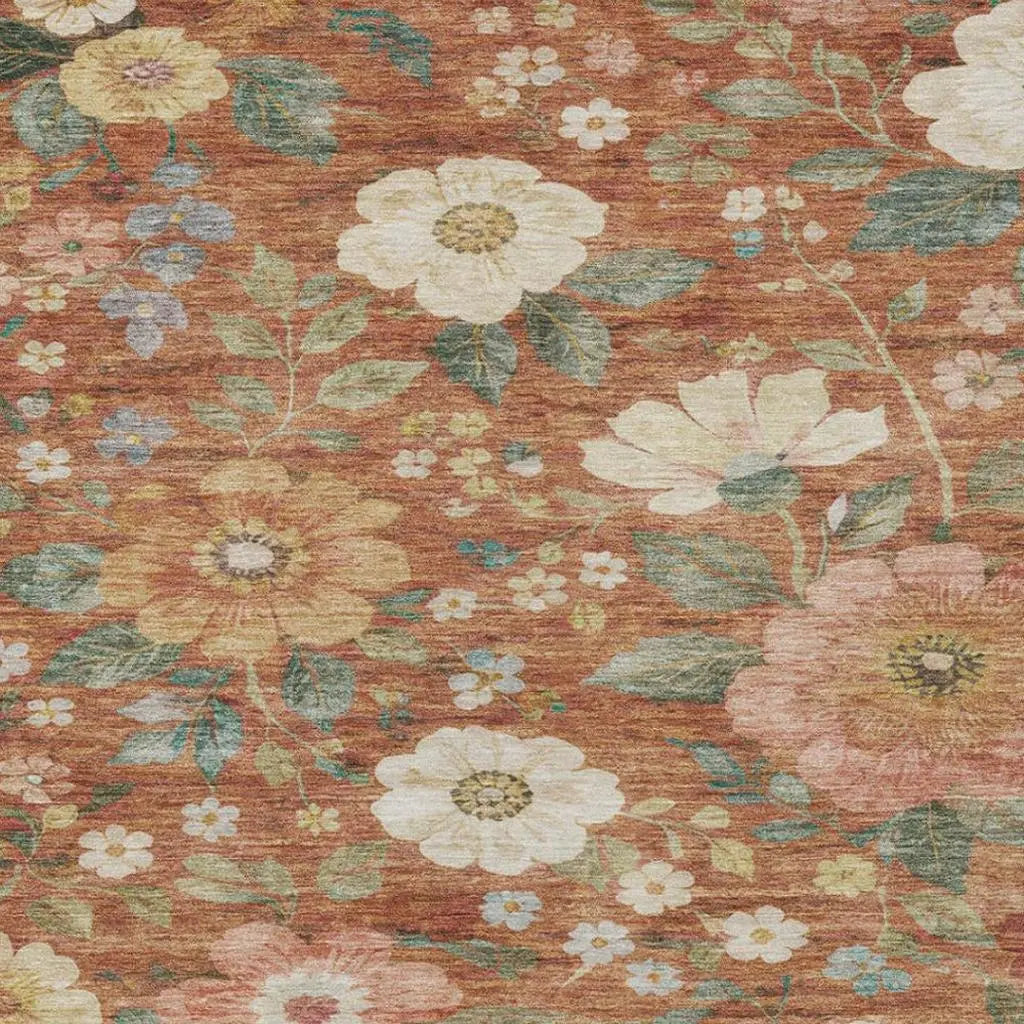 9' X 12' Orange And Beige Floral Washable Indoor Outdoor Area Rug Homeroots Outdoor