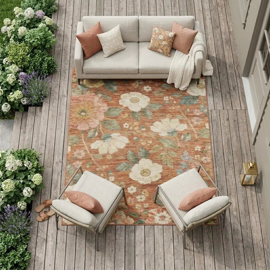 9' X 12' Orange And Beige Floral Washable Indoor Outdoor Area Rug Homeroots Outdoor