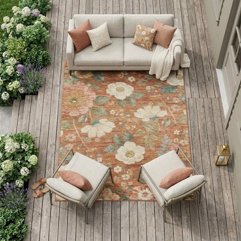 9' X 12' Orange And Beige Floral Washable Indoor Outdoor Area Rug Homeroots Outdoor