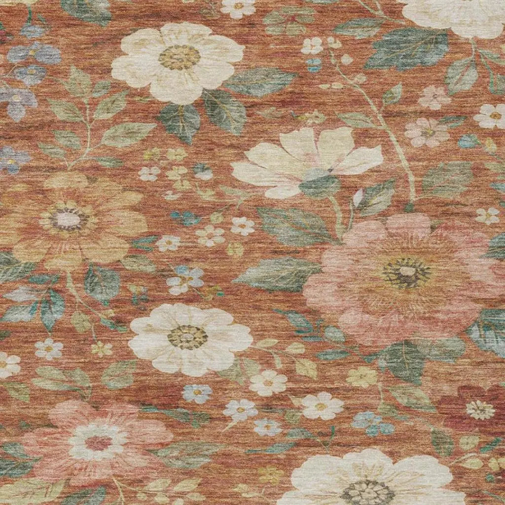 9' X 12' Orange And Beige Floral Washable Indoor Outdoor Area Rug Homeroots Outdoor