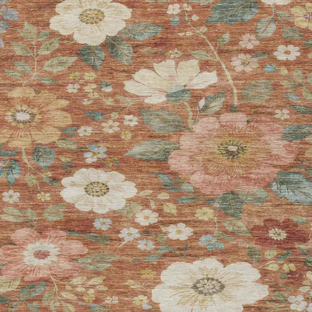 9' X 12' Orange And Beige Floral Washable Indoor Outdoor Area Rug Homeroots Outdoor