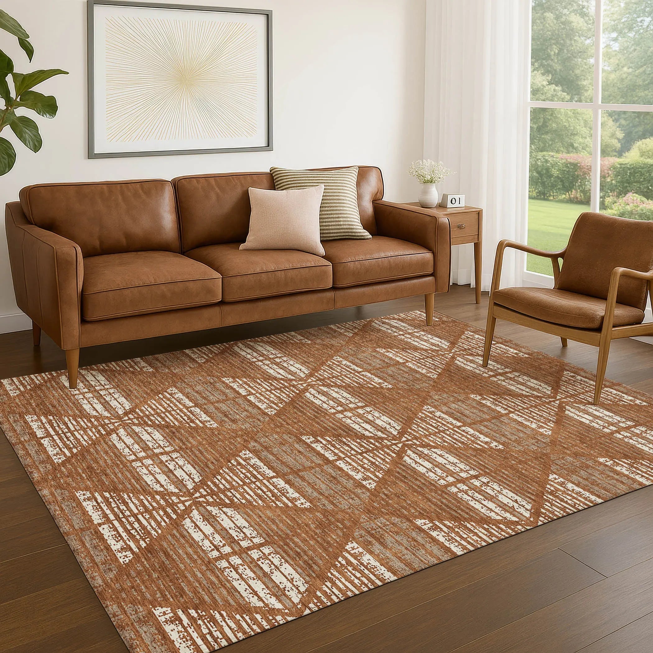 9' X 12' Orange And Beige Geometric Washable Indoor Outdoor Area Rug Homeroots Outdoor