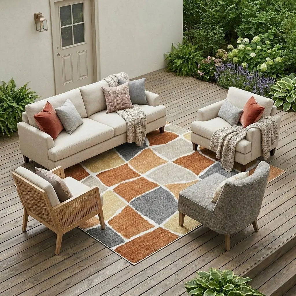 9' X 12' Orange And Beige Geometric Washable Indoor Outdoor Area Rug Homeroots Outdoor